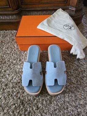 Hermes Blue Suede Oran Slide Sandals